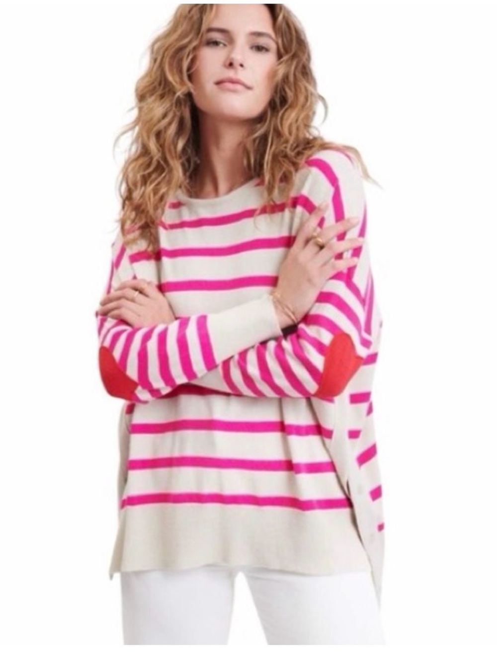 MerSea Amour Sweater Striped Coastal Travel Heart Patch Pink oversized os